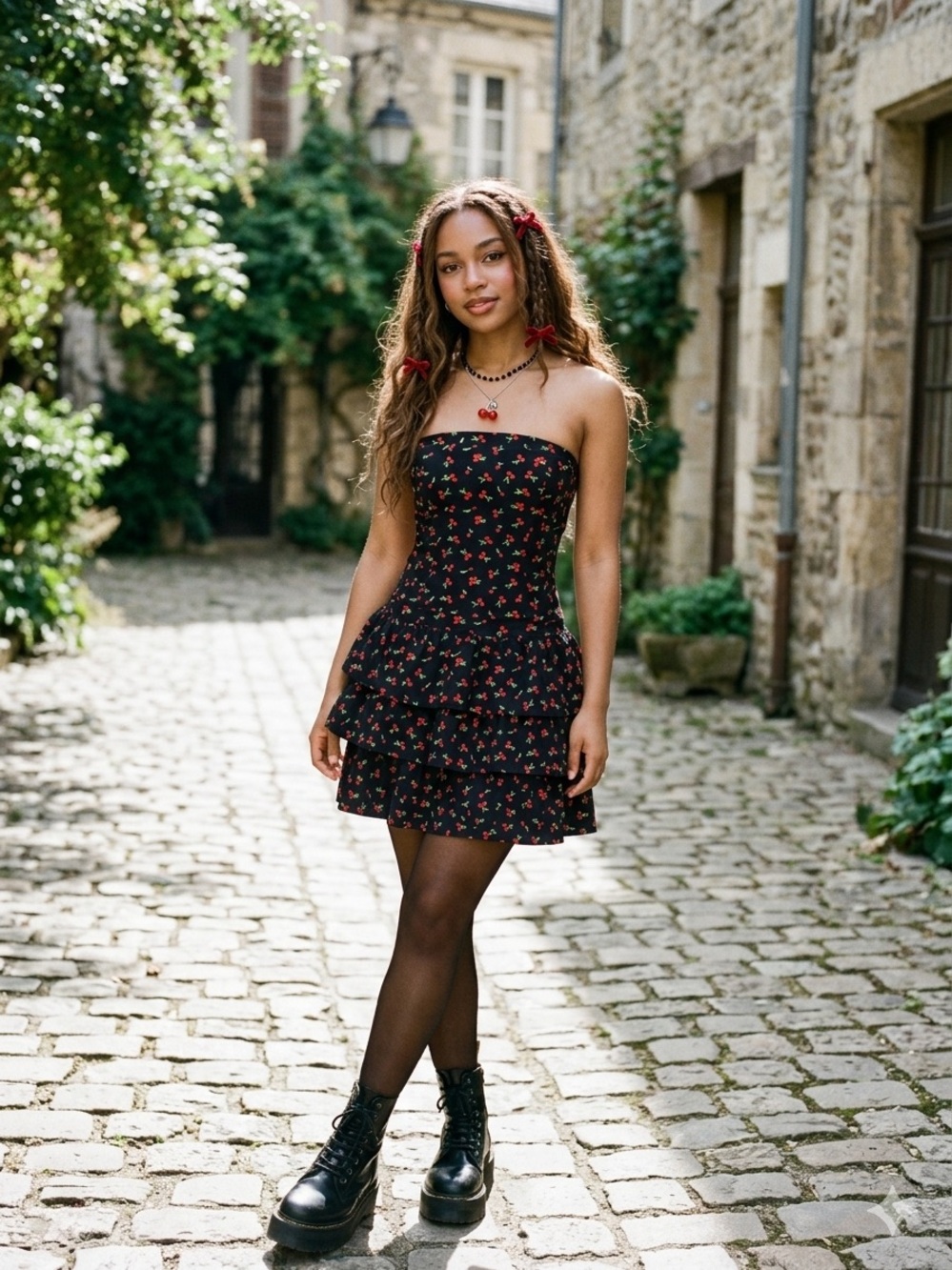 Whimsy-Goth Emerald Sundae Juniors' Cherry-print Strapless Tiered Mini Dress XS - Picture 2 of 9